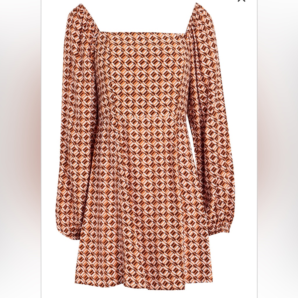 Faithfull The Brand Long Sleeve Boyd Rayon Mini Dress In Brown Geometric Print